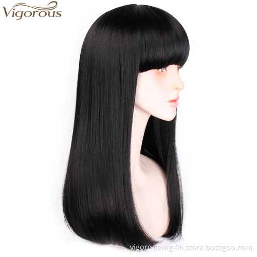 Vigorous 24" Long Straight Wig with Bangs Heat Resistant Synthetic Hair Wigs for White Black Women Cosplay